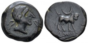 Hispania, Catulo Half unit circa 150-80 BC, Æ 19.6mm., 6.44g. Diademed male head r. Rev. Bull advancing r., head facing; above, crescent and in exergu...