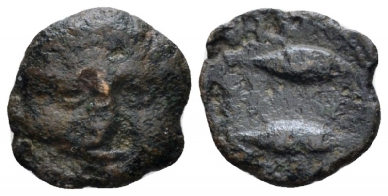 Hispania, Gadir Quarter unit circa 235-200, Æ 12.3mm., 1.16g. Facing head of Hel...