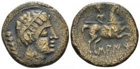 Hispania, Saiti/Saitabi. Unit circa 200-150, Æ 27.5mm., 11.30g. Diademed male head right; behind, palm branch. Rev. Warrior, holding spear, on horseba...