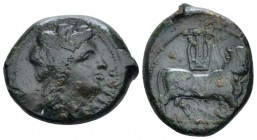Campania, Cales Bronze circa 265-240, Æ 20.3mm., 5.63g. Laureate head of Apollo r. Rev. Man-headed bull walking r.; above, lyre. SNG ANS 83 var. (bust...