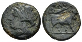 Campania, Neapolis Bronze circa 275-250, Æ 19mm., 4.24g. Laureate head of Apollo l. Rev. Man-faced bull advancing r.; above, flying Nike r., holding w...