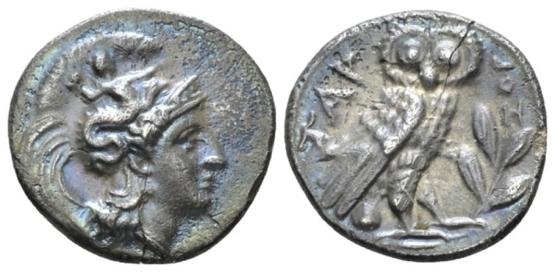 Calabria, Tarentum Drachm circa 302-280, AR 19mm., 3.02g. Head of Athena r., wea...