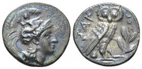 Calabria, Tarentum Drachm circa 302-280, AR 19mm., 3.02g. Head of Athena r., wearing Attic helmet, decorated with Scylla. Rev. Owl standing r. with cl...