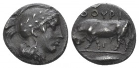 Lucania, Thurium Triobol circa 443-400, AR 11mm., 1.18g. Helmeted head of Athena r. Rev. ΘOYPI Bull standing l.; in exergue, fish. ANS 1137. SNG Cop. ...