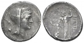Bruttium, Brettii Drachm circa 216-214,, AR 19mm., 3.99g. Veiled head of Hera Lacinia, wearing polos and holding sceptre; in l. field, fly. Rev. Zeus ...