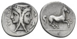Sicily, Syracuse 2 Litrae circa 344-317, AR 14.5mm., 1.56g. Janiform female head; in r. field, two dolphins. Rev. Horse prancing r. SNG Copenhagen 718...