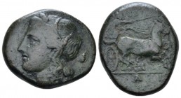 Sicily, Syracuse Bronze circa 287-278, Æ 23mm., 9.78g. Wreathed head of Kore-Persephone l. Rev. Charioteer driving fast biga r. SNG Copenhagen 801. Ca...