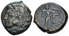 Sicily, Syracuse Bronze circa 278-276, Æ 22mm., 8.54g. Head of Hercules l., wearing lion skin headdress. Rev. Athena Promachos advancing r., hurling s...