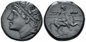 Sicily, Syracuse Bronze circa 230-215, Æ 25mm., 17.38g. Diademed head l. Rev. Horseman galloping r., holding spear; below horse, monogram. SNG ANS 959...