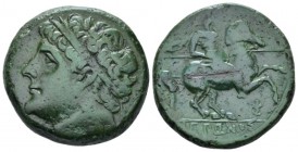 Sicily, Syracuse Bronze circa 230-215, Æ 25mm., 14.58g. Diademed head l. Rev. Horseman galloping r., holding spear; below horse, monogram. SNG ANS 959...