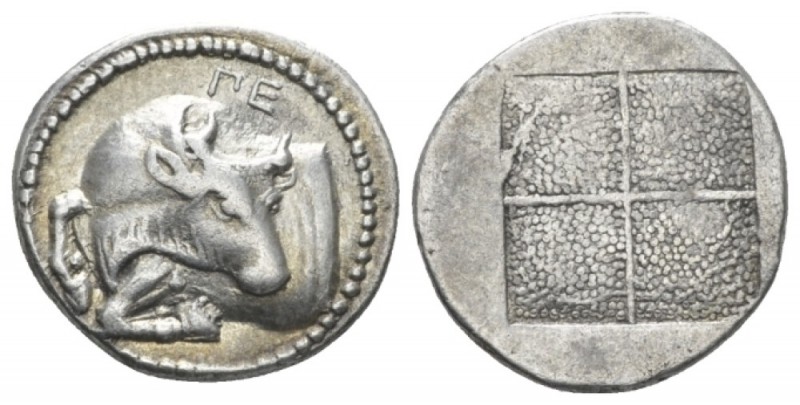 Macedonia, Acanthus Tetrobol circa 470-390, AR 16mm., 2.49g. Forepart of bull l....