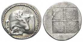 Macedonia, Acanthus Tetrobol circa 470-390, AR 16mm., 2.49g. Forepart of bull l., head looking back; above, ΓΕ. Rev. Quadripartite incuse square. SNG ...