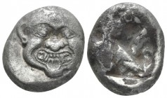 Macedonia, Neapolis Stater circa 500, AR 17mm., 9.43g. Head of a gorgon facing, tongue outstretched. Rev. Rude incuse square. AMNG III, 2, pl. XVI, 19...