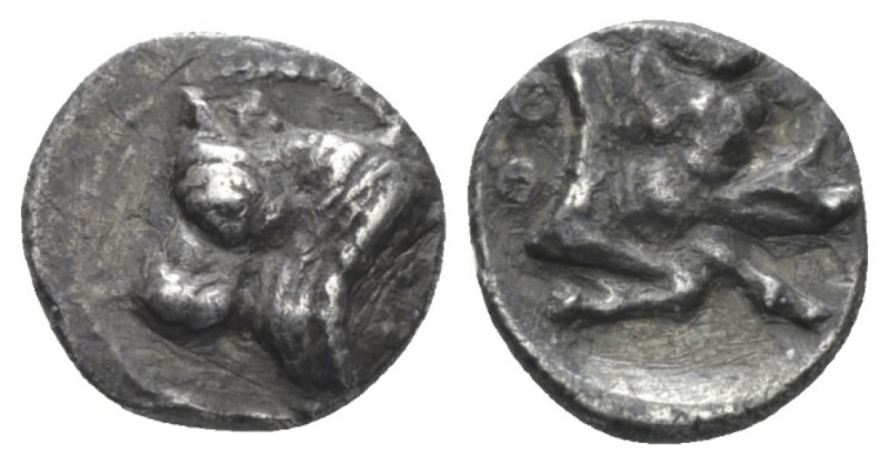 Phocis, Federal Coinage Obol circa 420-400, AR 4mm., 0.89g. A bull’s head in pro...