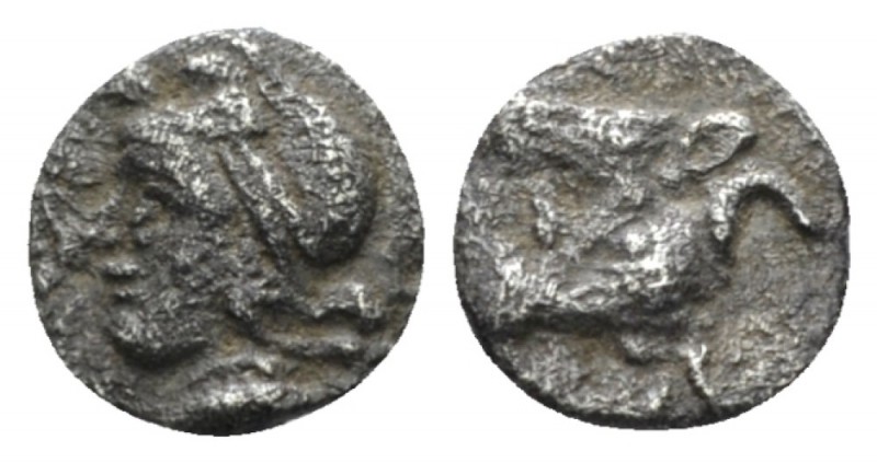 Mysia, Cyzicus Hemiobol circa 410-400, AR 7mm., 0.31g. Head of Attis l., wearing...