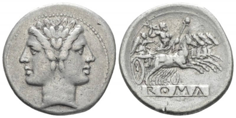 Quadrigatus Didrachm circa 225-214, AR 24.2mm., 6.59g. Laureate Janiform head of...