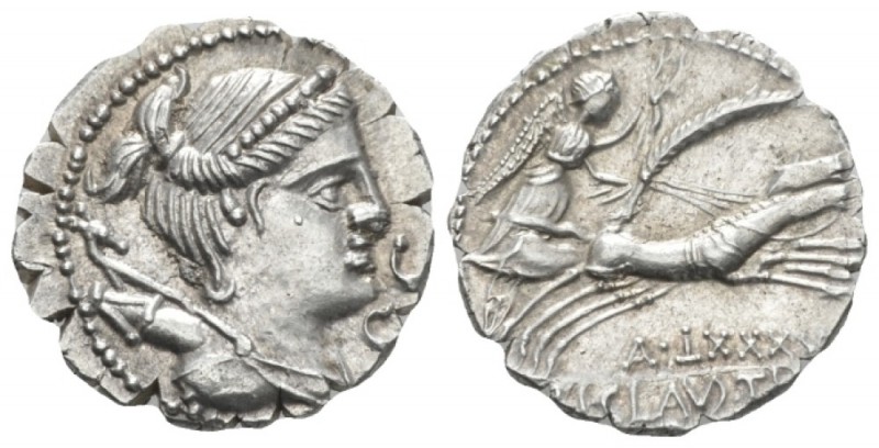 T. Claudius Nero Denarius serratus 79, AR 19mm., 3.38g. Draped bust of Diana rig...