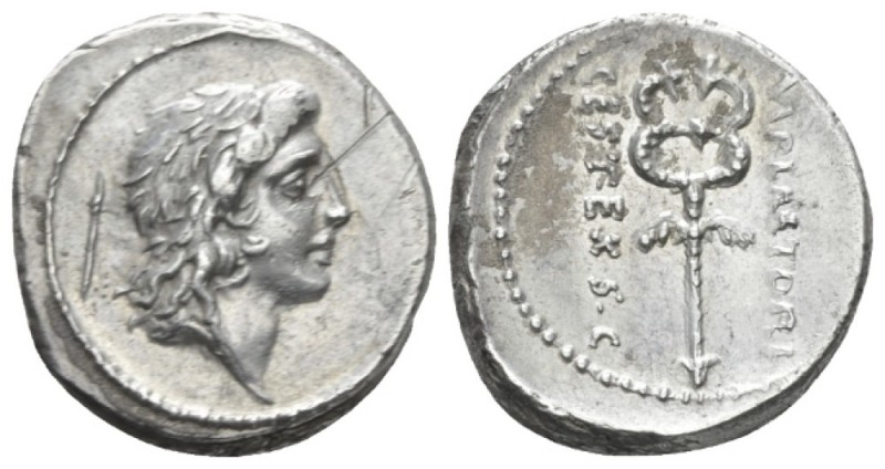 M. Plaetorius M. f. Cestianus Denarius circa 69, AR 18mm., 4.35g. Male head r., ...