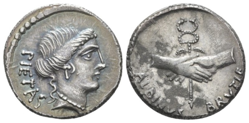 D. Iunius Brutus Albinus. Denarius circa 48, AR 18mm., 3.29g. PIETAS Head of Pie...