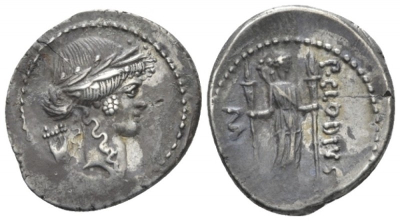 P. Clodius M. f. Turinus. Denarius 42, AR 20mm., 3.86g. Laureate head of Apollo ...