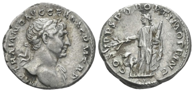 Trajan, 98-117 Denarius circa 110, AR 19mm., 3.51g. Laureate bust r., with drape...