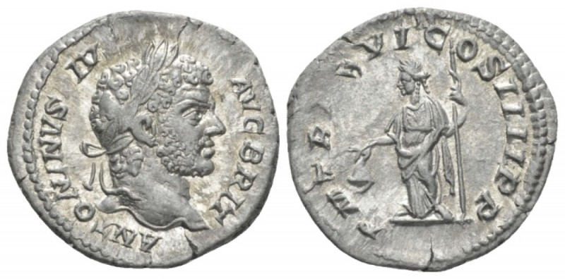 Caracalla, 198-217 Denarius circa 213, AR 18.5mm., 2.54g. Laureate head r. Rev. ...