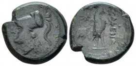 Campania , Cales Bronze circa 265-260, Æ 20.00 mm., 6.92 g.
Head of Athena l., wearing Corinthian helmet. Rev. Cock standing r.; in l. field, star. S...
