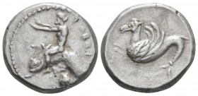 Calabria, Tarentum Nomos circa 465-455, AR 19.00 mm., 8.22 g.
Dolphin rider r., with both arms outstretched; below, cockle shell. Rev. Hippocampus l....