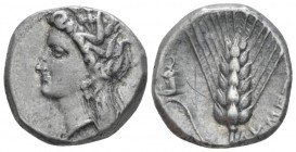 Lucania, Metapontum Nomos circa 330-290, AR 20.00 mm., 7.93 g.
Barley-wreathed head of Demeter l. Rev. Barley ear; in l. field, altar. Noe Class C, 1...