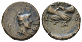Lucania, Paestum Semis mid I cent, Æ 14.70 mm., 2.90 g.
PAE Helmeted and draped bust r. Rev. L FAD / SA Clasped hands Historia Numorum Italy 1250. SN...