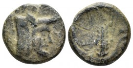 Bruttium, uncertain mint Bronze circa 340-320,, Æ 15.00 mm., 3.36 g.
Head of man-faced bull r. Rev. BPEIΓ Barley ear. Morcom, Pour Denise 2. Historia...