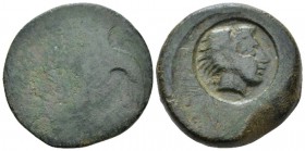 Sicily, Agrigentum Hemilitron circa 405-392, Æ 27.70 mm., 22.17 g.
Blank. Rev. Circular countermark with head of Heracles wearing lion skin r. Calcia...