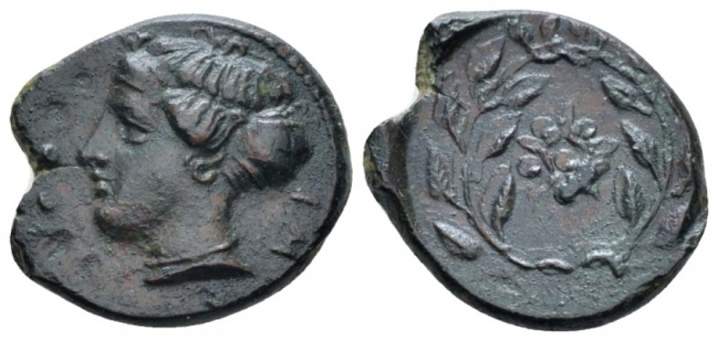 Sicily, Himera Hemilitra before 407, Æ 16.00 mm., 3.51 g.
Female head l.; in fi...