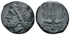 Sicily, Syracuse Bronze circa 275-216, Æ 19.00 mm., 6.24 g.
Head of Poseidon l. Rev. Trident between two dolphins. SNG ANS 1002. Calciati 194.

Att...