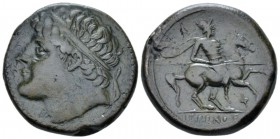 Sicily, Syracuse Bronze circa 275-216, Æ 26.00 mm., 17.15 g.
 Diademed head l. Rev. Horseman riding l., holding spear. SNG ANS 925. Calciati 195.
 ...