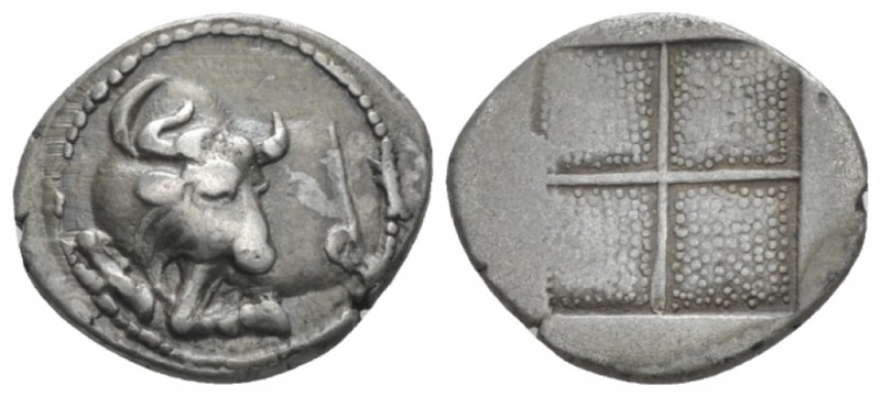 Macedonia, Acanthus Tetrobol circa 470-390, AR 14.00 mm., 2.37 g.
Forepart of b...