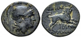 Kingdom of Thrace, Lysimachus, 323 – 281. Uncertain mint Bronze circa 323-281, Æ 18.00 mm., 4.26 g.
Helmeted head of Athena r. Rev. Lion right; spear...