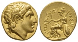 Kingdom of Thrace, Lysimachus, 323 – 281. uncertain mint Stater circa 323-281, AV 17.40 mm., 8.50 g.
Diademed head of deified Alexander r., with the ...