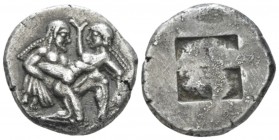 Island of Thrace, Thasos Stater circa 525-463, AR 23.00 mm., 9.69 g.
Naked ithyphallic satyr supporting nymph under thighs with r. arm, the l. hand u...