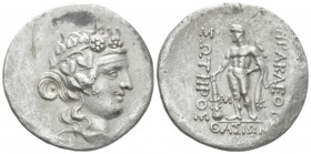 Island of Thrace, Thasos Tetradrachm circa 140-110 BC, AR 31.30 mm., 16.73 g.
Wreathed head of young Dionysos r. Rev. Heracles standing facing, head ...