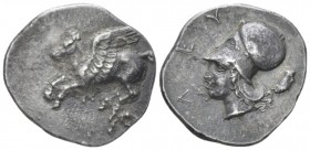 Acarnania, Leucas Stater circa 375-350, AR 25.00 mm., 8.39 g.
Pegasus flying l. Rev. Helmeted head of Athena l.; in r. field, human’s foot. Calciati ...