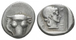 Phocis, Phokian League Triobol circa 490-485, AR 14.00 mm., 3.00 g.
Frontal bull’s head. Rev. Head of Artemis r. in incuse square. BCD Lokris-Phokis ...