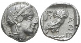 Attica, Athens Tetradrachm circa 450, AR 22.90 mm., 17.17 g.
Head of Athena r., wearing Attic helmet decorated with olive wreath and palmette. Rev. O...