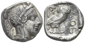 Attica, Athens Tetradrachm after 449 BC, AR 24.60 mm., 17.23 g.
Head of Athena r., wearing Attic helmet decorated with olive leaves and palmette. Rev...