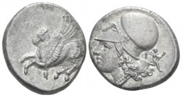 Corinthia, Corinth Stater circa 345-307,, AR 20.00 mm., 8.27 g.
Pegasos flying l. Rev. Helmeted head of Athena l.; Δ-I flanking neck truncation, Arte...