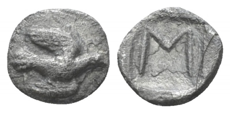 Sicyonia, Sikyon Hemiobol circa 470-450, AR 7.00 mm., 0.30 g.
Dove flying r. wi...