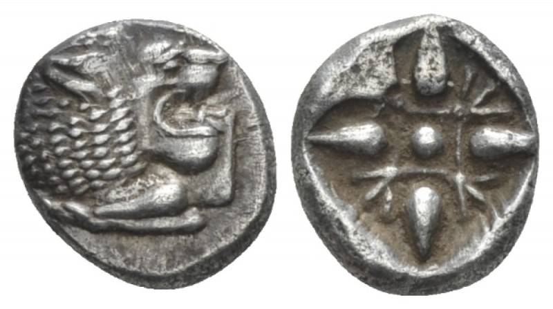 Ionia, Miletus 1/12 Stater circa 550-525, AR 9.00 mm., 1.19 g.
Forepart of lion...