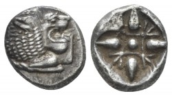 Ionia, Miletus 1/12 Stater circa 550-525, AR 9.00 mm., 1.19 g.
Forepart of lion on the r. Rev. Floral design within a incuse square. SNG Cop 948.

...