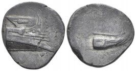 Lycia, Phaselis Stater IV cent., AR 21.00 mm., 9.76 g.
Prow of galley r., fighting platform decorated with facing gorgoneion. Rev. Stern of galley l....
