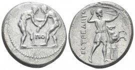 Pamphilia, Aspendus Stater circa 330/25-300/250, AR 25.00 mm., 10.39 g.
Two wrestlers grappling; between, ΠO. Rev. Slinger in throwing stance r., to ...